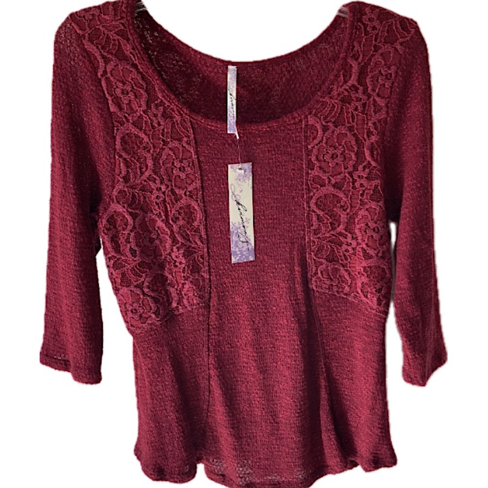 HARMONY Lace Accent Top Size M Burgundy